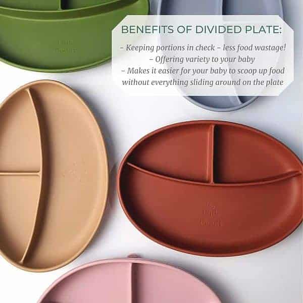 Four different colored plates with the words benefits of divided plate.