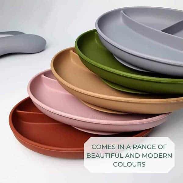 A stack of plates with the words comes in a range of beautiful and modern colours.