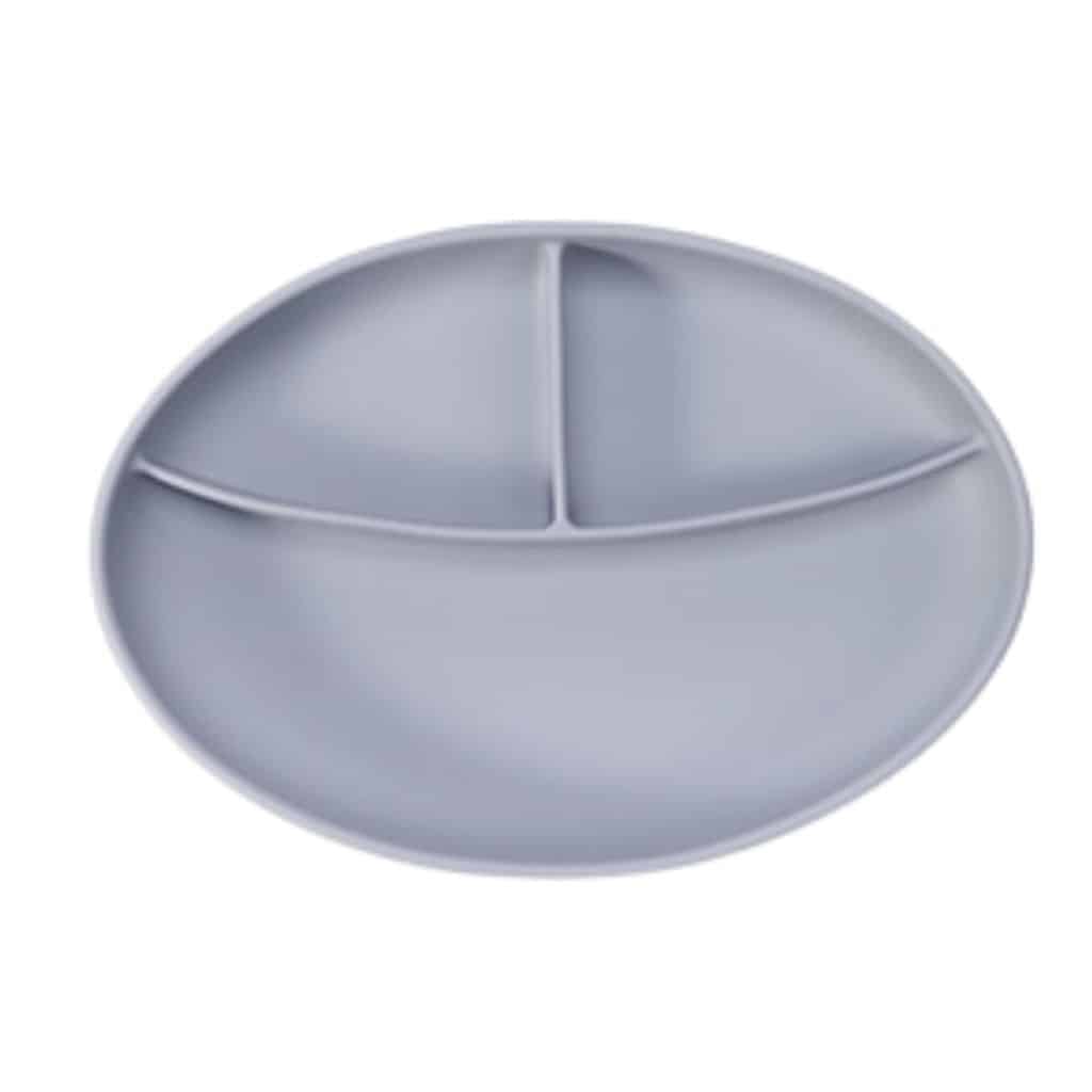 A grey oval plate with three compartments.