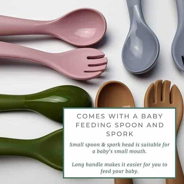 A set of baby feeding spoons and spoons with the text comes with a baby feeding spoon and spoon.
