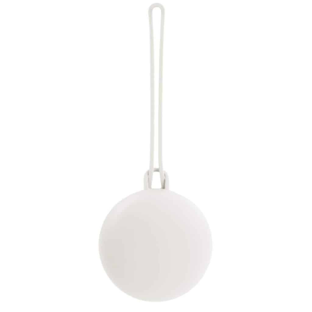 A white ball hanging on a white string.