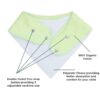 A green bib with a label showing the different parts of the bib. A green bib with a label showing the different parts of the bib.
