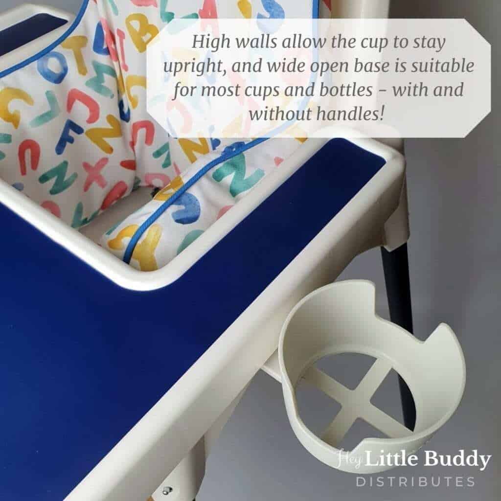 A high chair with a blue seat and a blue tray.